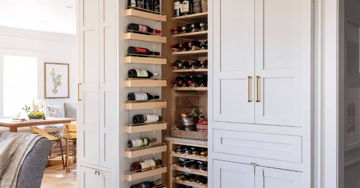 Custom Kitchen Built-In Wine Storage Custom built-in wine storage cabinet with pull-out shelves and integrated kitchen design.