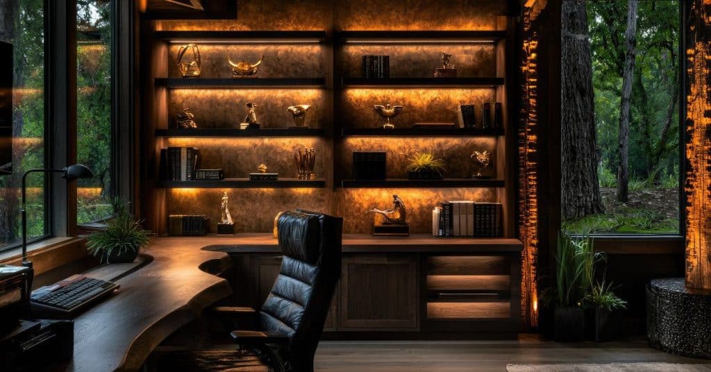 Luxury custom home office with built-in shelving, warm lighting, and handcrafted wood cabinetry.
