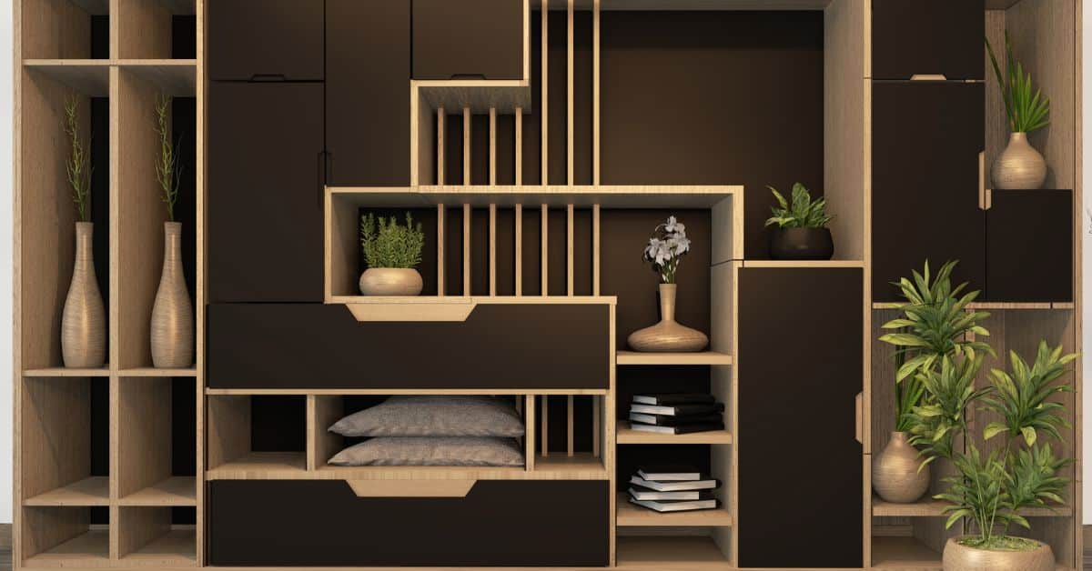 Modern custom cabinet shelves with built-in storage, drawers, and decorative shelving