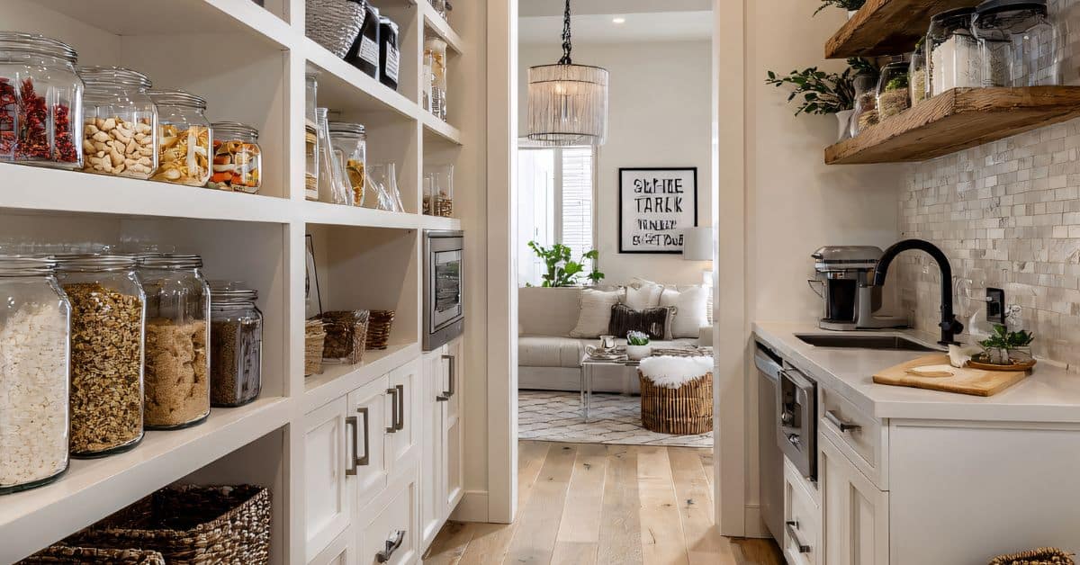Custom cabinet shelves in a kitchen pantry designed for organized food storage and accessibility
