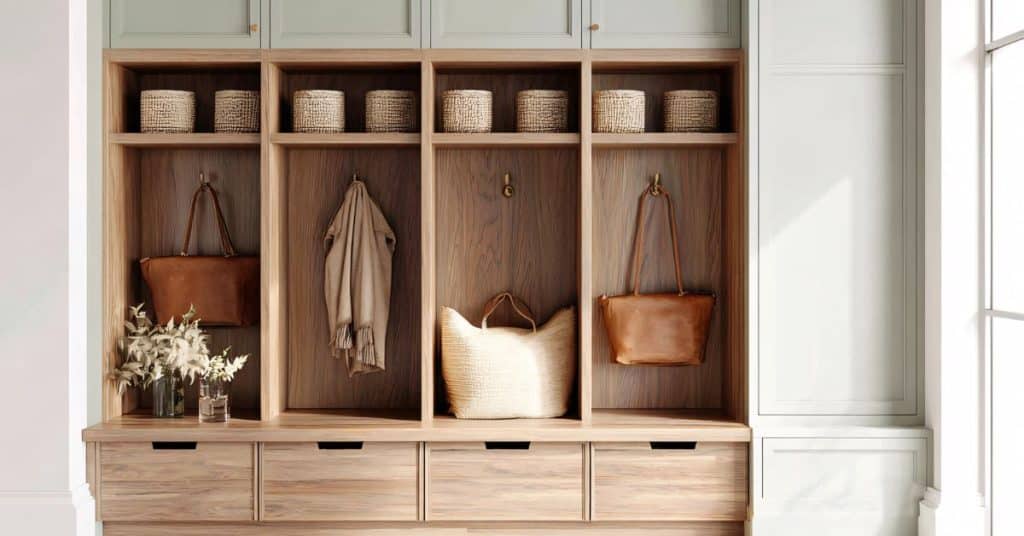 Custom cabinet shelves designed for a modern mudroom with built-in storage, baskets, and hanging space