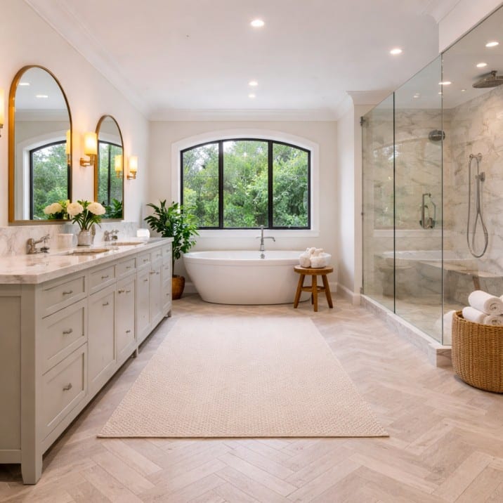 Modern bathroom remodeling with freestanding tub, glass shower, and double vanity.
