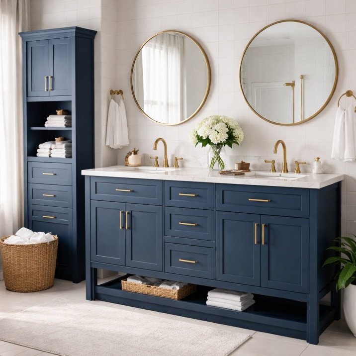 modern bathroom vanity with storage cabinets and organized space-saving design