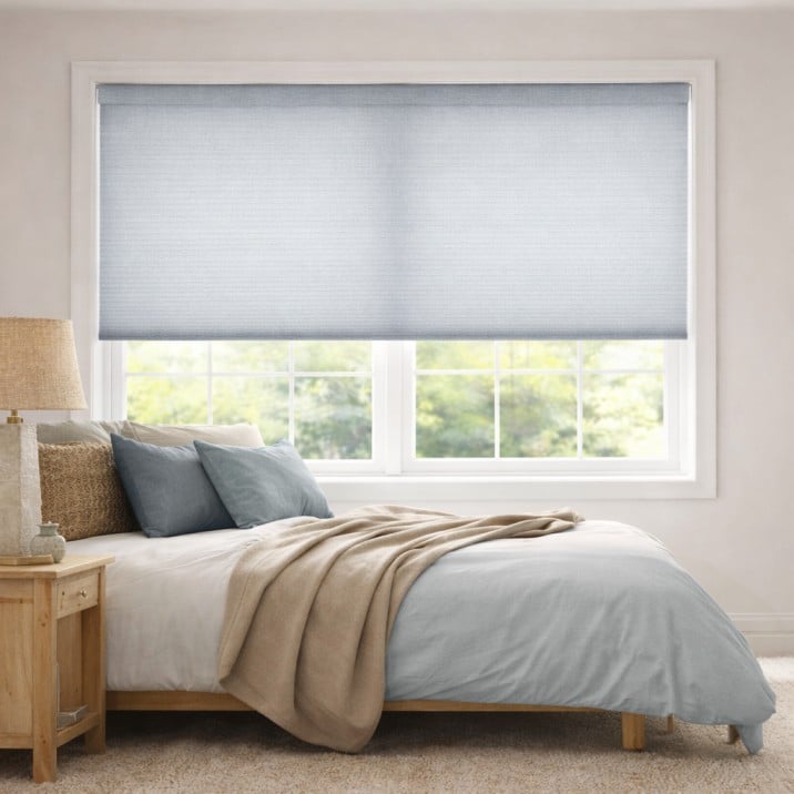 Light blue cellular window shades in a modern bedroom