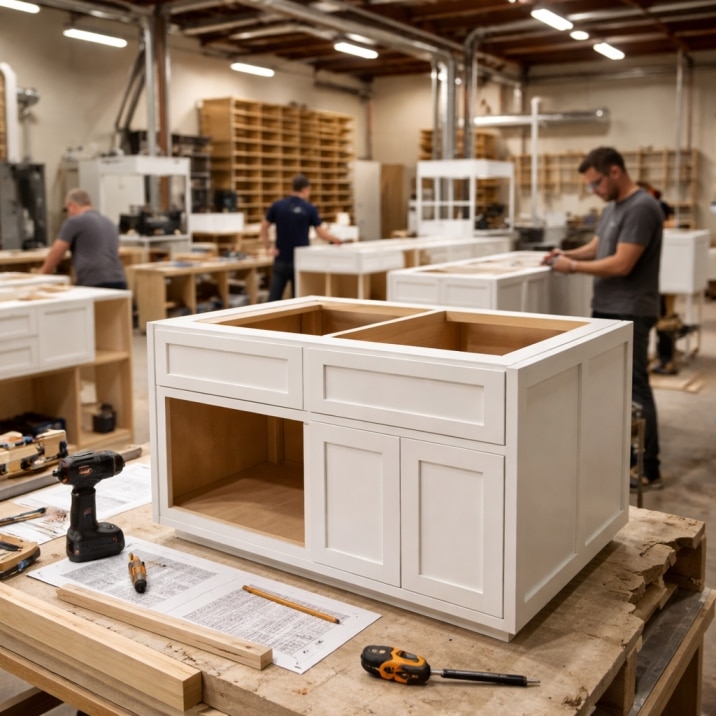Custom kitchen cabinet manufacturing in workshop with craftsmen assembling cabinetry