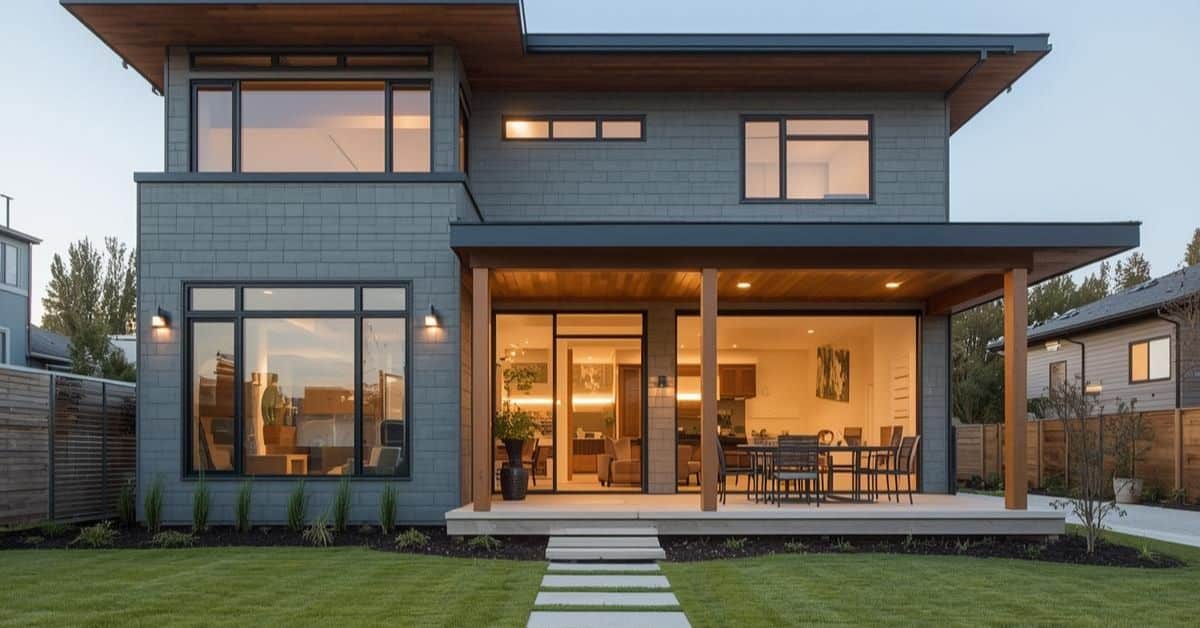 Contemporary Home Exterior at Dusk The exterior of a modern two-story home at twilight, showing a lit patio area, large glass doors, and a manicured lawn with a stone path.