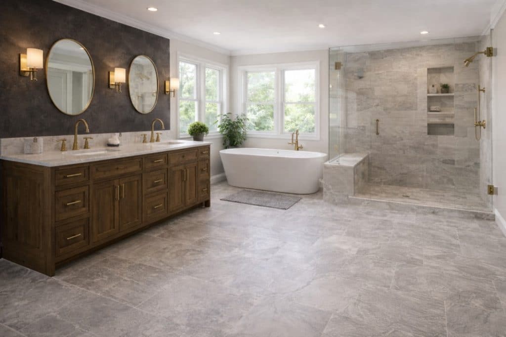 Custom-designed luxury bathroom with modern vanity, tub, and walk-in shower