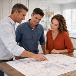 designer discussing custom cabinetry plans with homeowners over blueprint
