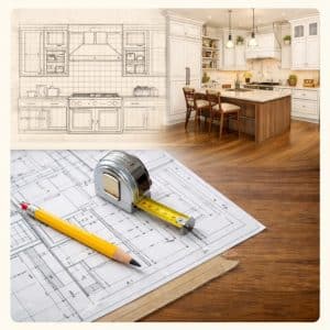 custom cabinetry design planning with blueprint and kitchen layout