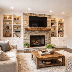 Custom cabinetry in living room with built-in shelves and fireplace design