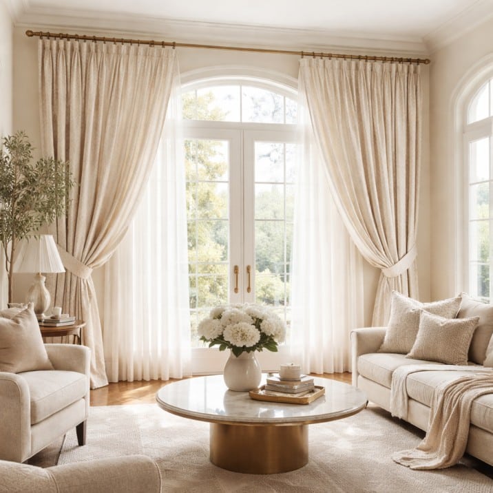 Elegant custom draperies with sheer curtains in a modern living room window