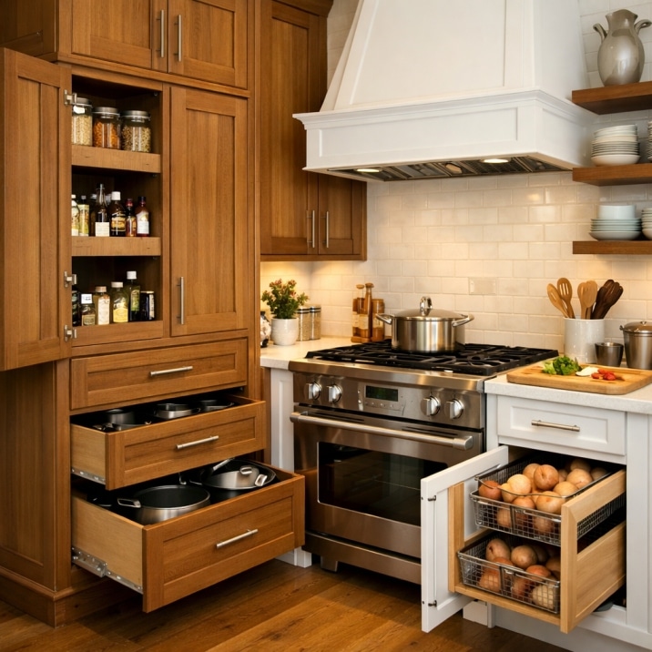 Custom kitchen cabinets with smart storage design and modern wood finish