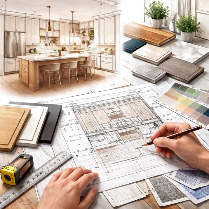 Custom kitchen design planning with cabinet layout, material samples, and countertop finishes
