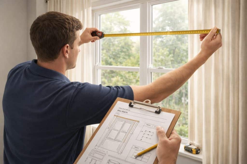 Professional measuring a window for custom window treatments