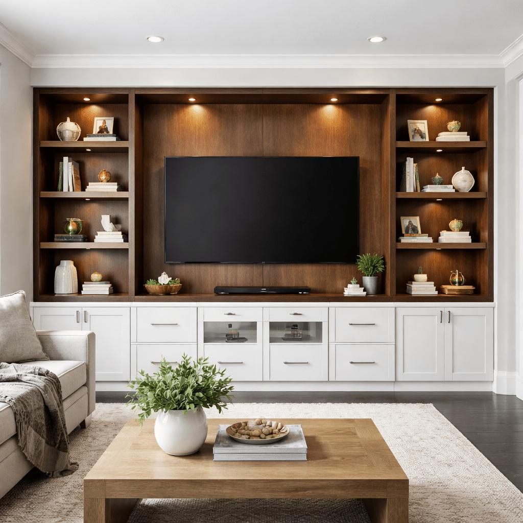 Modern entertainment center wall unit with custom cabinetry and built-in shelving in a stylish living room