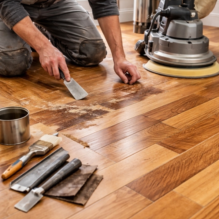 floor repair and refinishing service restoring hardwood surface with sanding and repair tools
