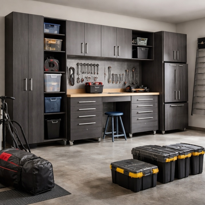 Garage & storage cabinets with durable custom shelving and organized tool storage system