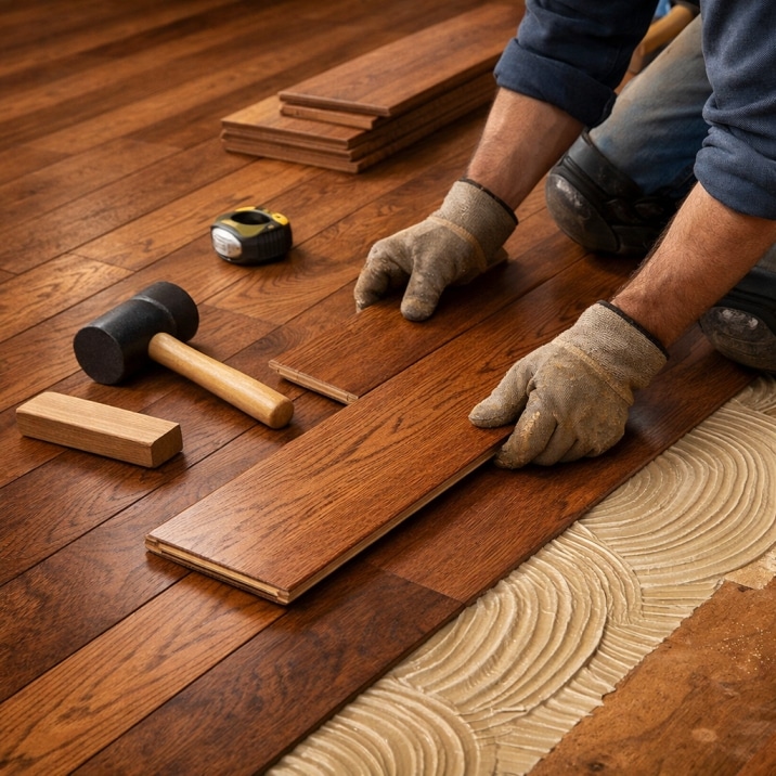 Close-up of hardwood flooring installation with wooden planks being carefully aligned and installed