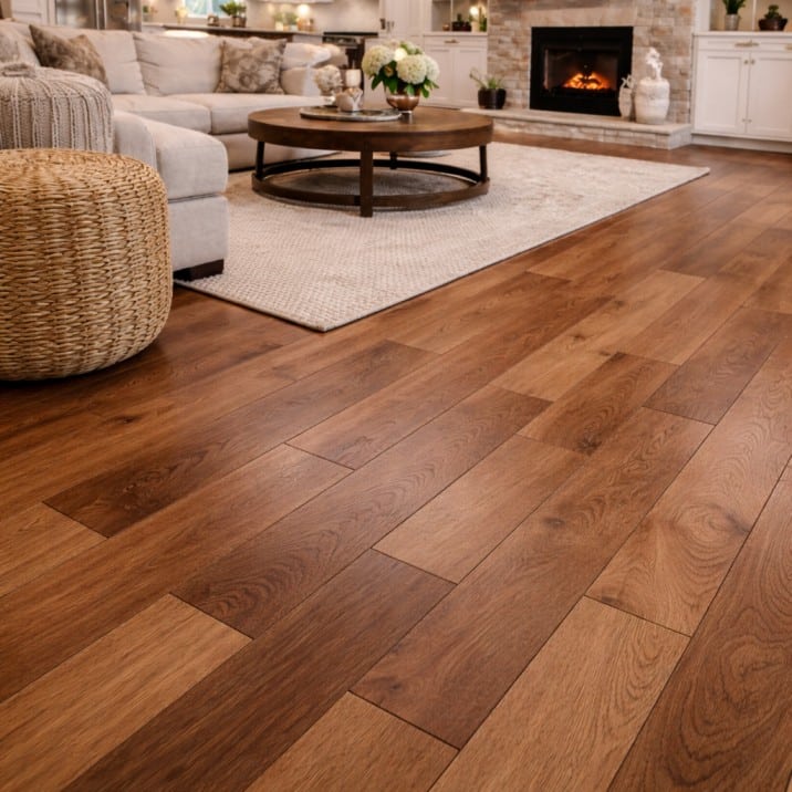 Modern hardwood flooring installed in a bright living room with natural wood planks.