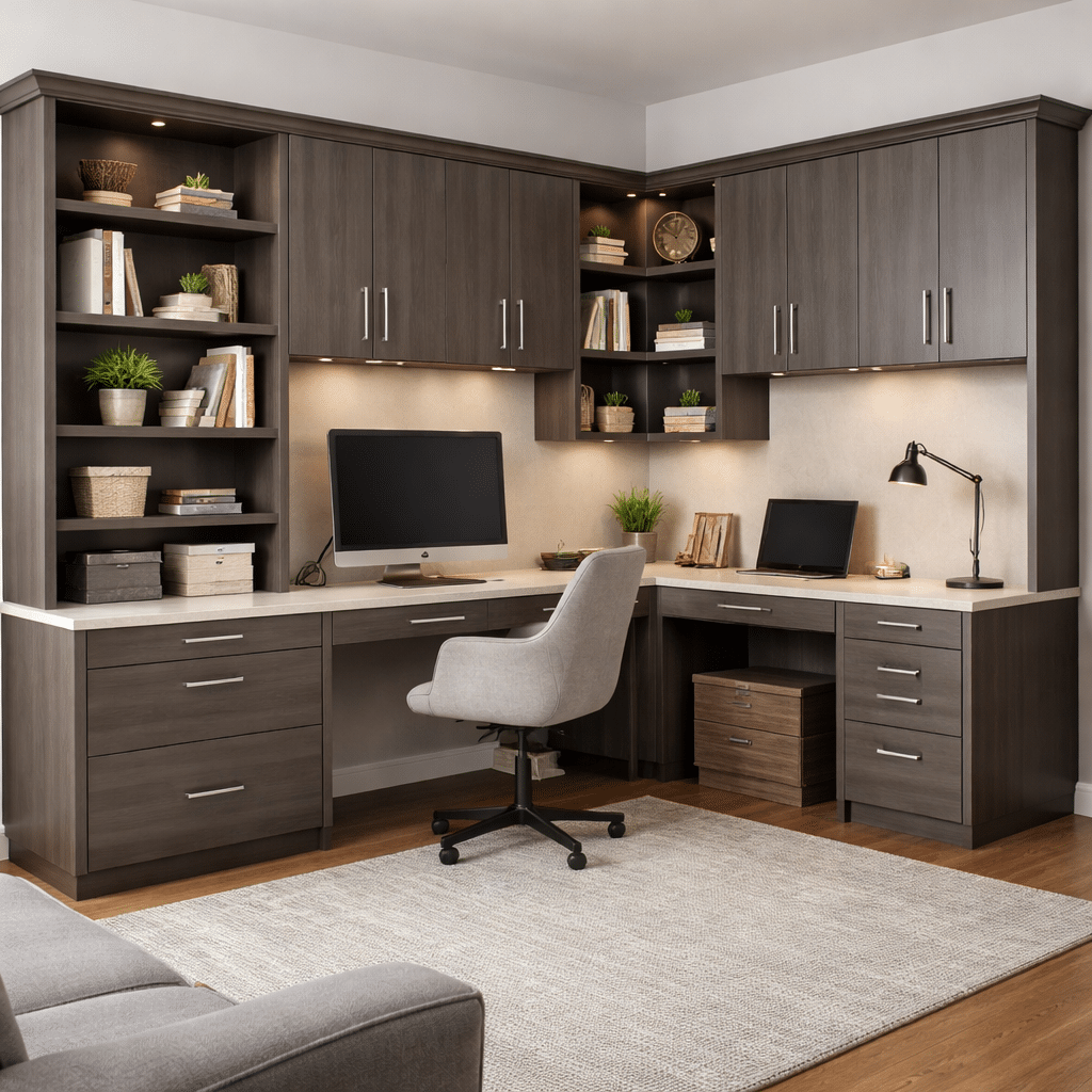 Home office with built-in cabinets, custom desk, and organized shelving for a productive workspace