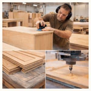 craftsman sanding custom cabinetry in woodworking workshop