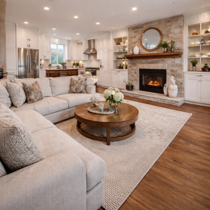 Open concept interior remodeling with modern living room, fireplace, and custom cabinetry