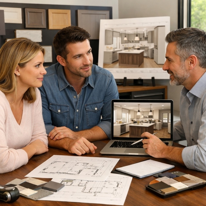 Kitchen remodeling consultation with homeowners reviewing layout plans and design ideas