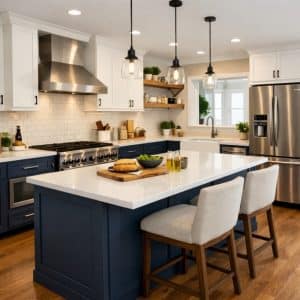 Modern kitchen remodeling with white quartz island, navy cabinets, and stainless steel appliances