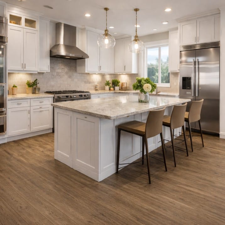 Modern kitchen remodeling with white cabinets, island, and stainless steel appliances.