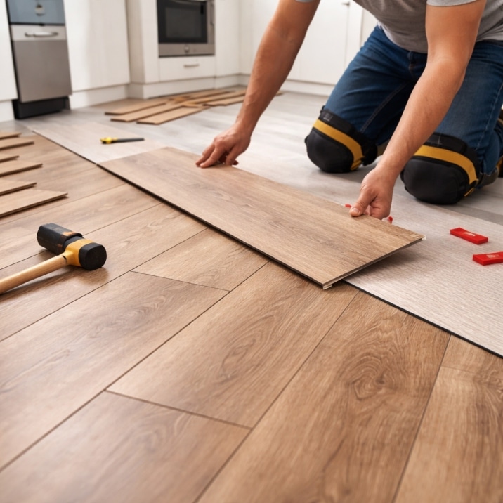 Laminate and vinyl plank flooring installation in a modern kitchen with durable wood-look planks