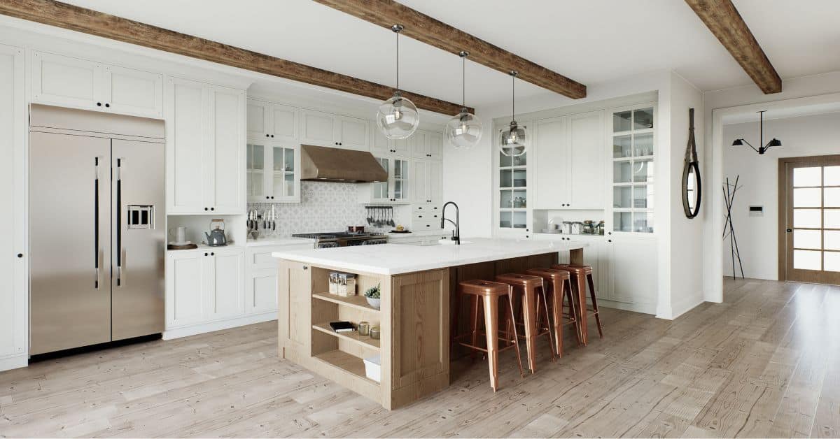 Luxury Kitchen Remodel with Island A spacious white kitchen with a large wood-base island, copper bar stools, stainless steel appliances, and rustic wooden ceiling beams.
