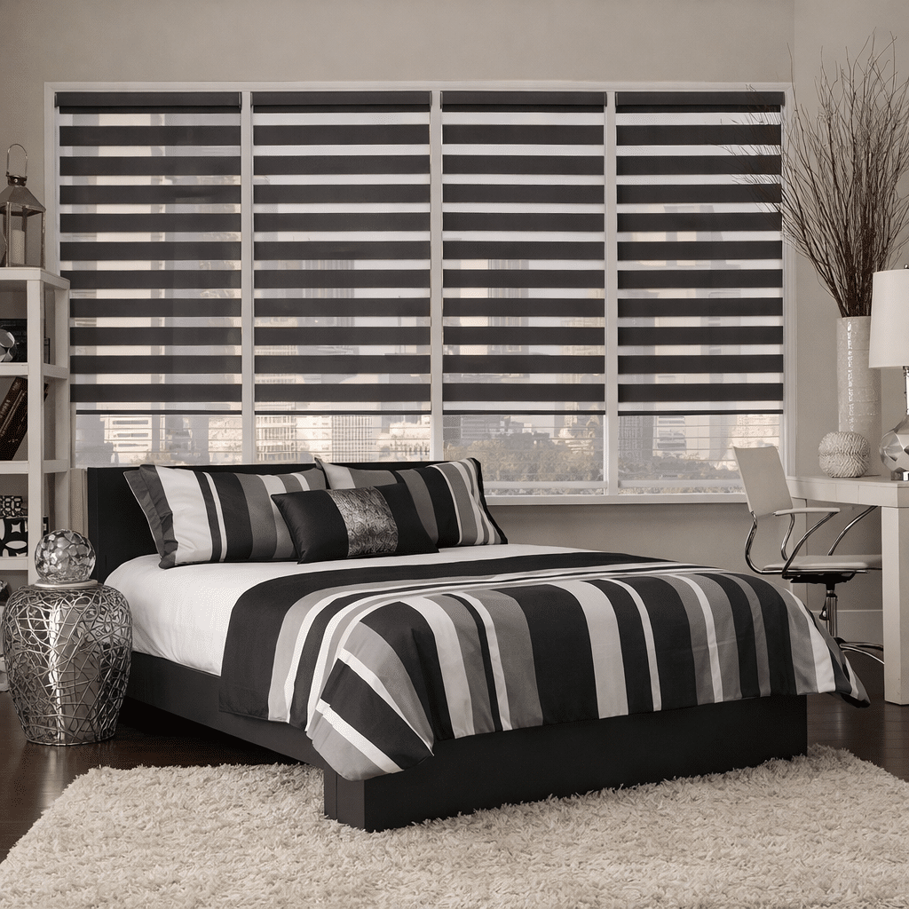 Modern bedroom with zebra window shades