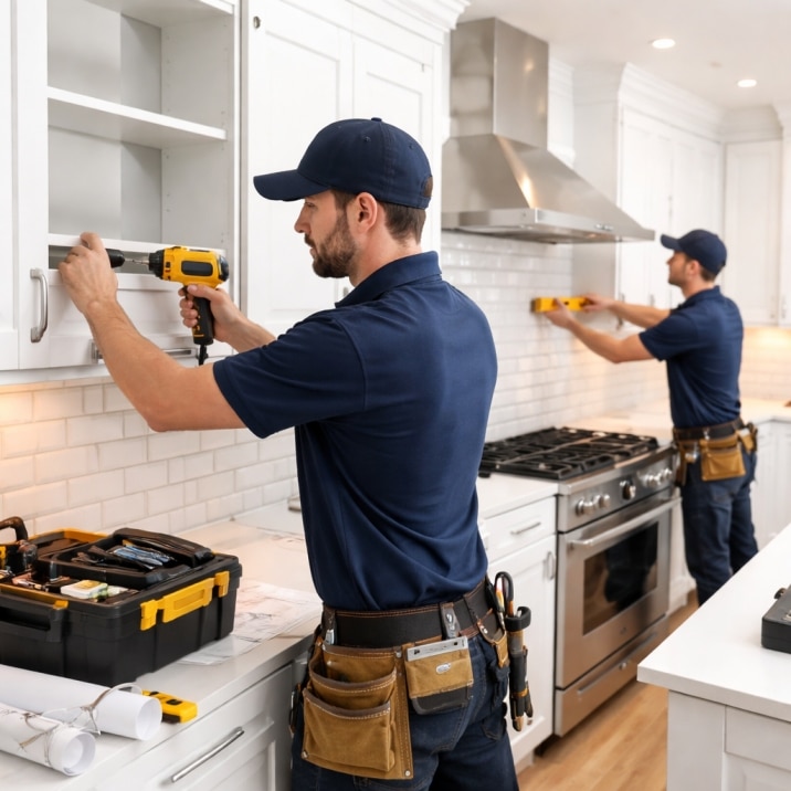 Professional kitchen installers securing cabinets and ensuring precise installation in a modern kitchen