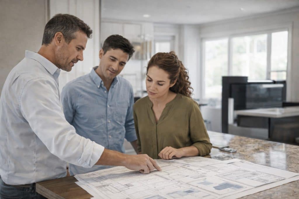Contractor reviewing remodeling plans with homeowners