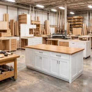 Custom cabinetry workshop showing repair, upgrade, and modification work on wood cabinets