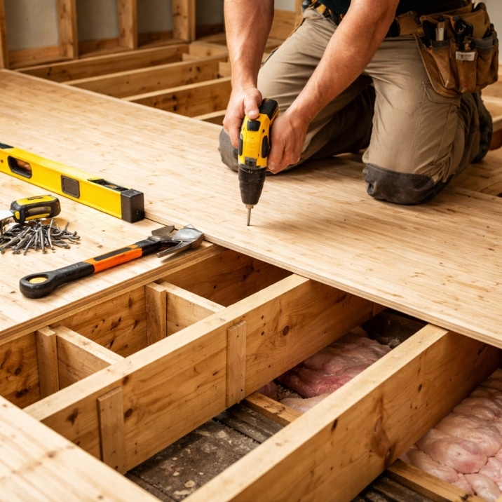 Worker installing plywood subfloor with drill for stable flooring foundation
