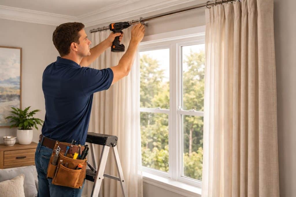 Professional installing custom window treatments inside a home