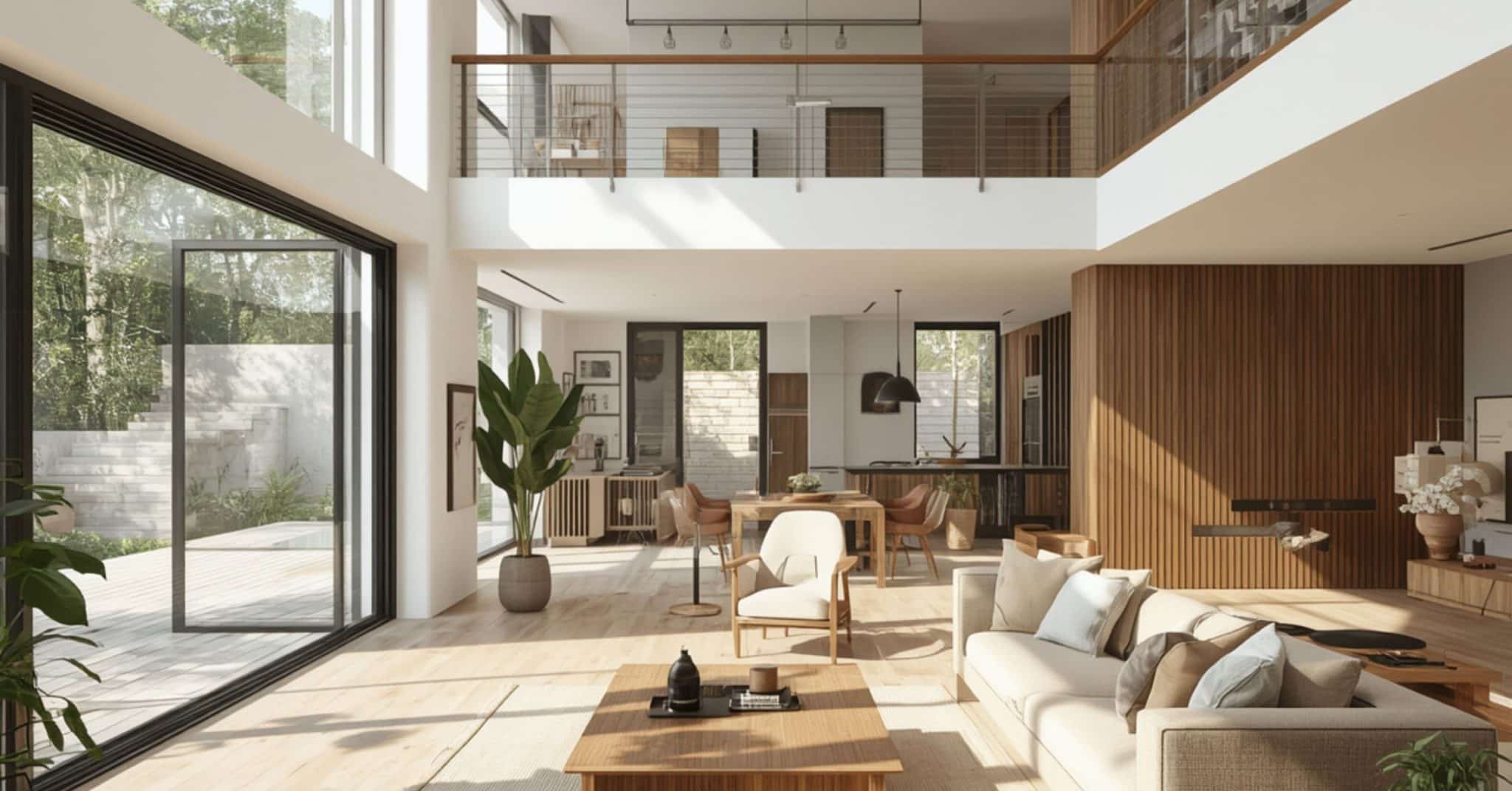 High-End 3D Living Room Modeling Photorealistic 3D design of a contemporary living room with a wooden accent wall, high ceilings, and a view of a second-floor mezzanine with glass railings.