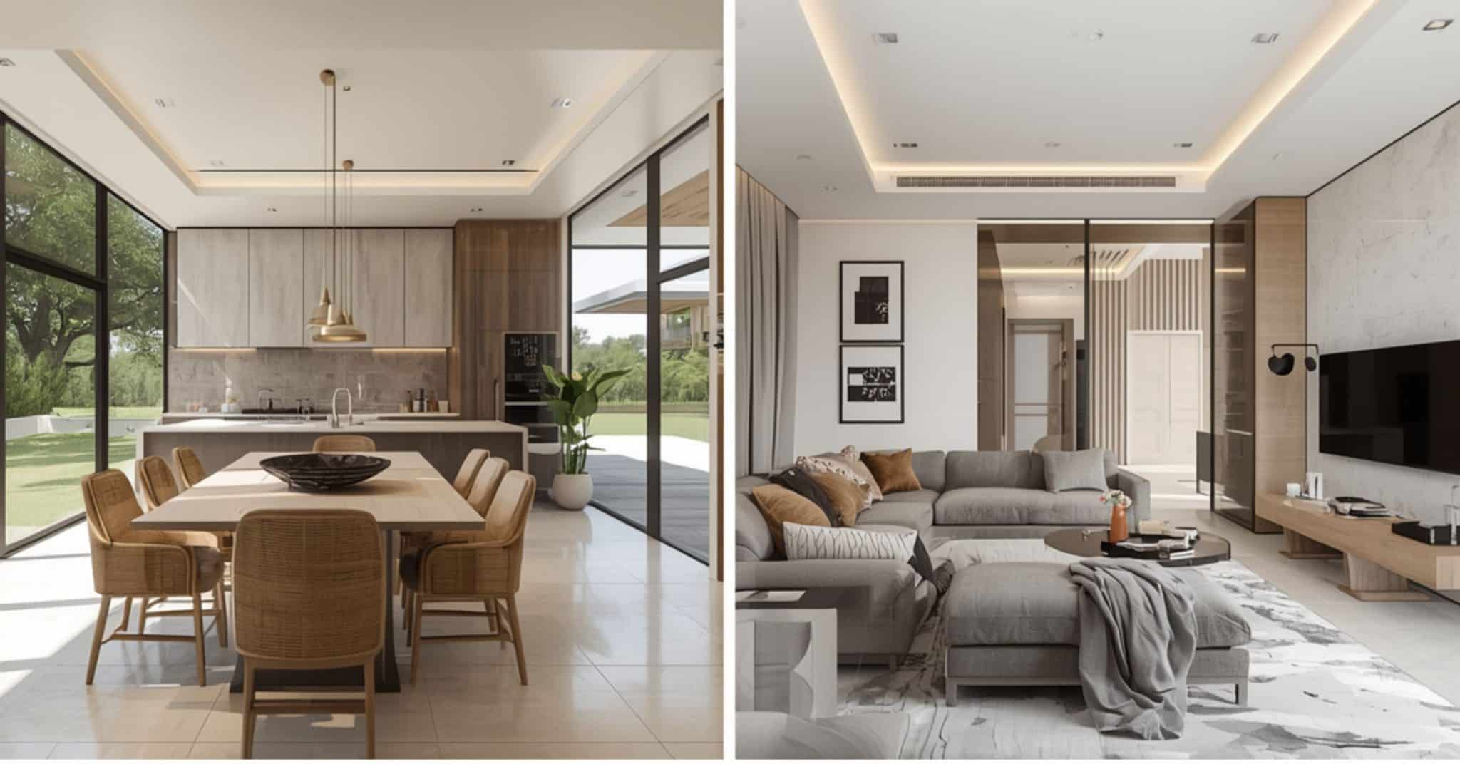 A high-end split-view rendering of a luxury open-concept home renovation, showing a modern kitchen and dining area on the left, and a contemporary living room with integrated lighting on the right.