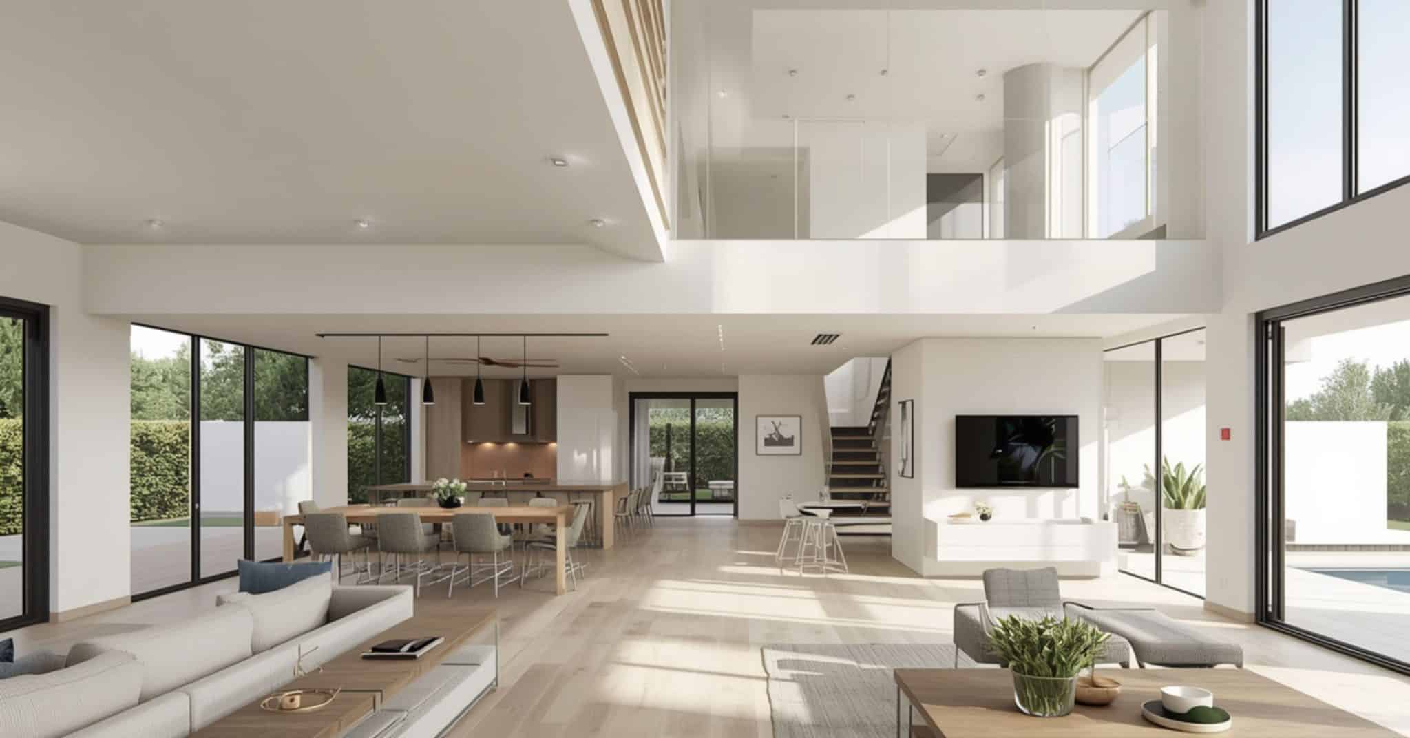 Architectural Visualization of Open Floor Plans A wide-angle 3D interior rendering of a luxury open-concept home featuring a dining area, gourmet kitchen, and a mezzanine balcony.