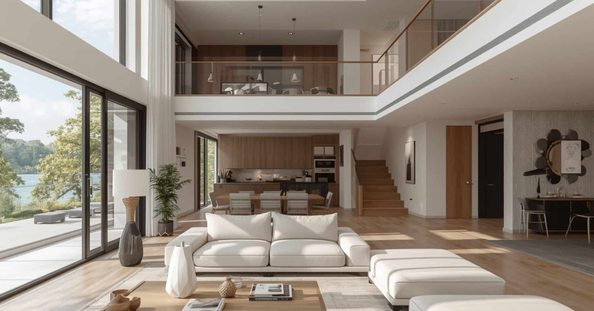 Virtual Patio and Lounge Design A 3D architectural rendering of a modern home exterior showing a shaded patio with a sofa, viewed through large black-framed sliding glass doors.