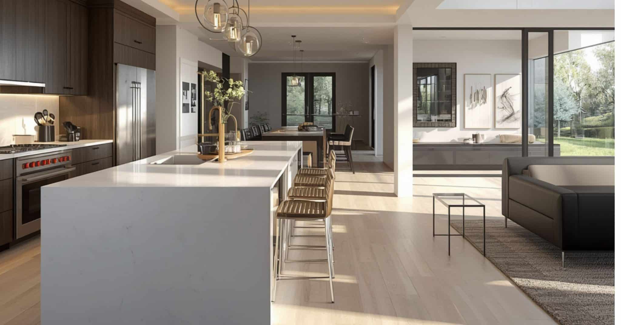 Contemporary Kitchen Island Architecture A contemporary kitchen renovation featuring a large white quartz waterfall island, pendant globe lighting, and dark wood custom cabinetry.