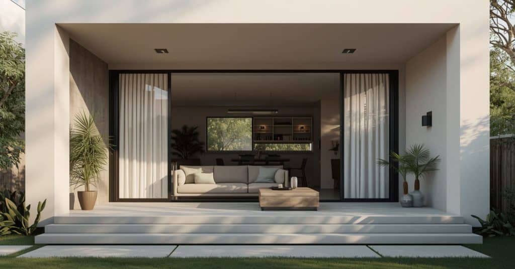 A photorealistic 3D architectural rendering showing an open-concept living room and kitchen viewed from an outdoor patio through large sliding glass doors, representing high-quality home design.