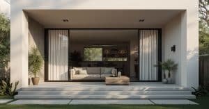 A photorealistic 3D architectural rendering showing an open-concept living room and kitchen viewed from an outdoor patio through large sliding glass doors, representing high-quality home design.