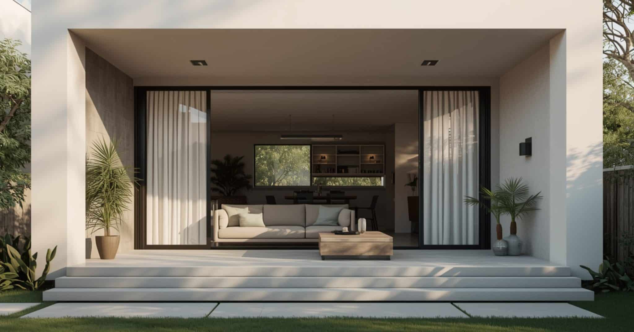 A photorealistic 3D architectural rendering showing an open-concept living room and kitchen viewed from an outdoor patio through large sliding glass doors, representing high-quality home design.