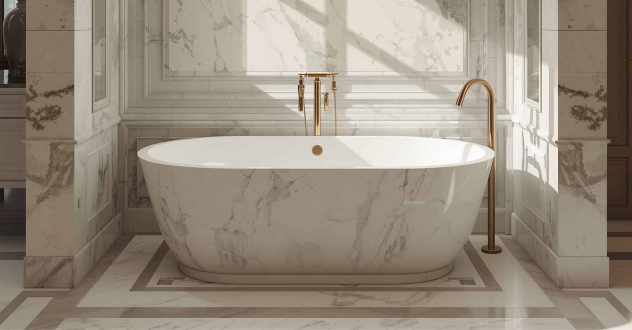Luxury Master Bathroom Retreat A luxury master bathroom renovation featuring a freestanding white soaking tub, floor-to-ceiling marble tile, and brushed gold hardware.