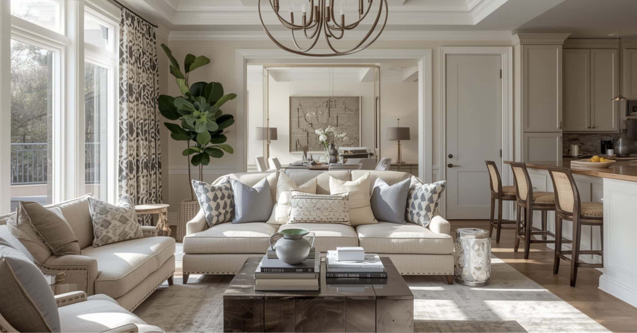 Transitional Living Space Design A bright, transitional living room featuring neutral sofas, a large fiddle-leaf fig plant, and an open view into a gourmet white kitchen with bar seating.