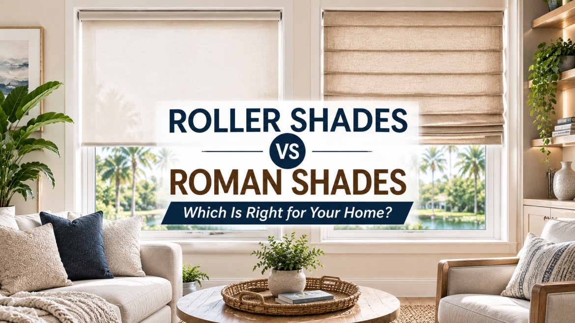 Roller shades vs Roman shades comparison in a bright modern living room with custom window treatments.