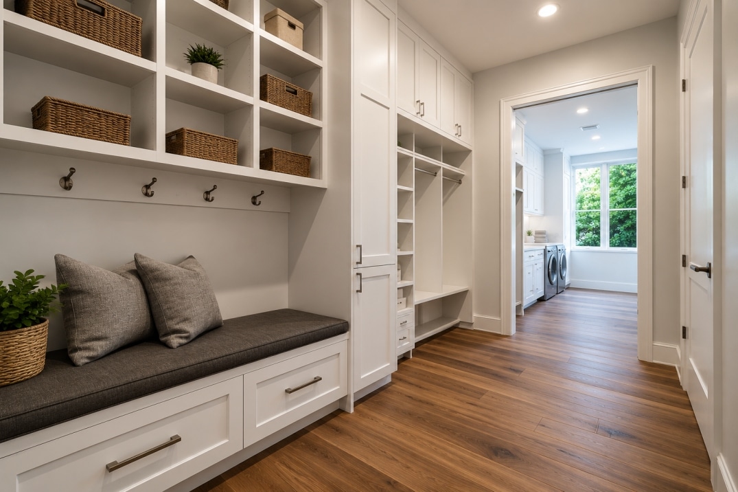 Custom Home Storage Solutions for Modern Florida Homes Custom home storage solutions featuring a mudroom bench, built-in cabinetry, open shelving, and a laundry room with custom cabinets in a modern Florida home.