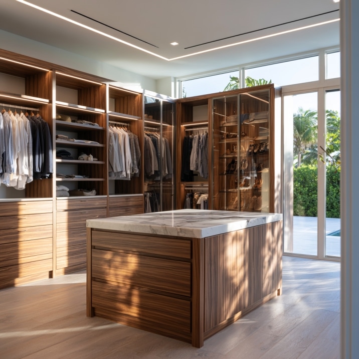 Luxury custom walk-in closet with floor-to-ceiling wood cabinetry, marble island, built-in drawers, open shelving, and LED lighting in a modern Florida home.